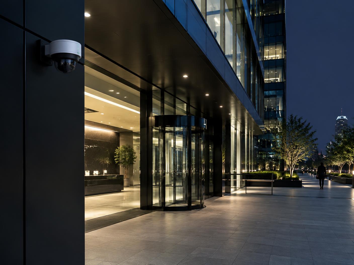 Monitored entrance to a modern commercial property
