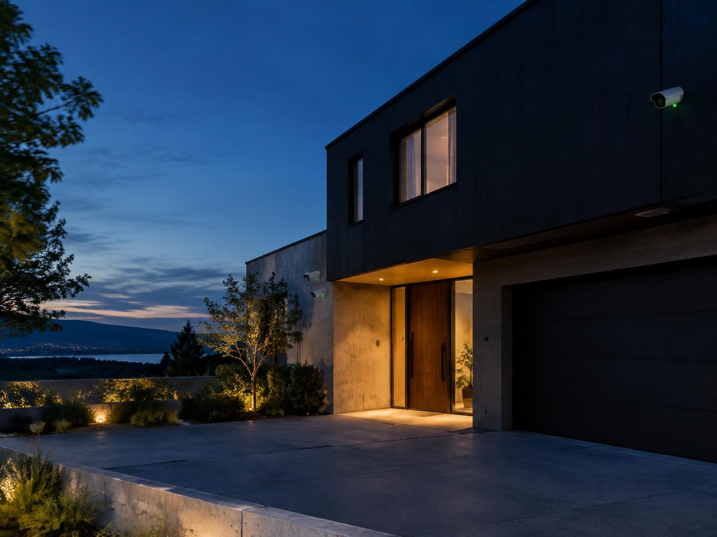 Contemporary residence protected by exterior security cameras